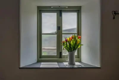 a vase of flowers sitting on a window sill at Pengwern in Cerrigydrudion