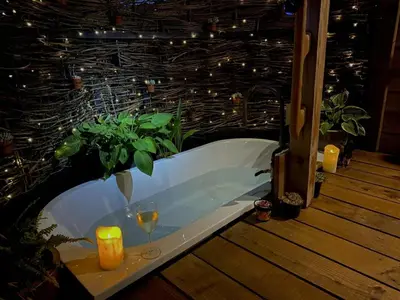 a bath tub with two glasses of wine and a plant at 1 Bed in Llanfihangel-y-Creuddyn oc-c34624 in Llanfihangel-y-creuddyn
