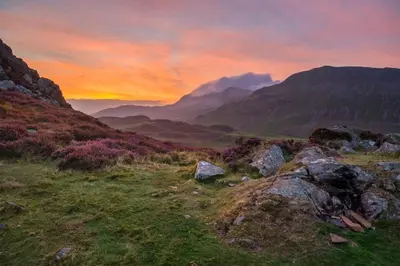 a painting of a mountain valley at sunset at 4 Bed in Ganllwyd oc-g34601 in Mallwyd