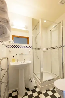 a white bathroom with a shower and a sink at Mortimers Cross Guest House in Mortimer's Cross