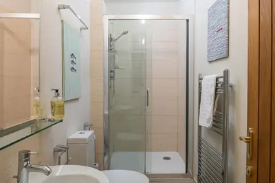 a bathroom with a shower and a toilet and a sink at Blackhill barn - in the heart of the Cotswolds in Craswall