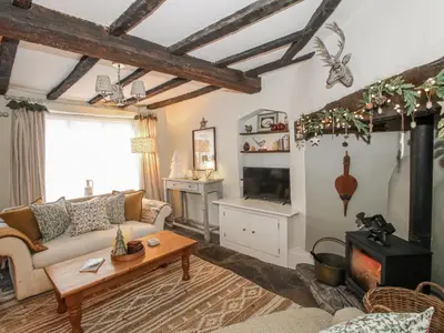 a living room with a couch and a fireplace at 8 Welsh Street in Bishops Castle