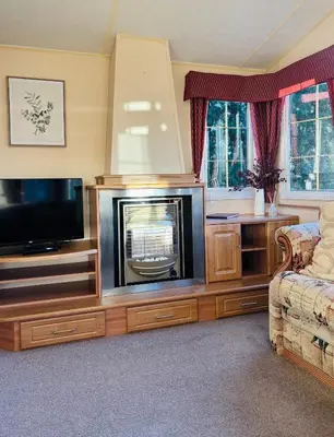 a living room with a television and a couch at The Woodlands Caravan in Bryn-glâs Station
