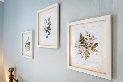 three framed pictures of plants on a wall at Quaint home with log burner in peaceful cul-de-sac in Shrewsbury