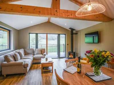 a living room with a couch and a table at Lakeside Lodge - Uk50627 in Welshpool