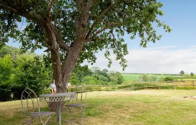 a table and chairs under a tree in a field at 5 bedroom Barn, Ludlow in Caynham