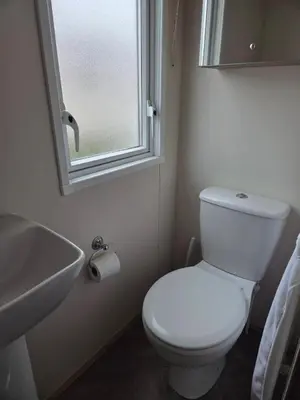 a bathroom with a toilet and a sink and a window at Privately owned Pet friendly caravan in Llanddwywe