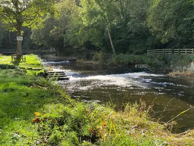 a river with rapids on the side of it at Harbour View in Aberaeron