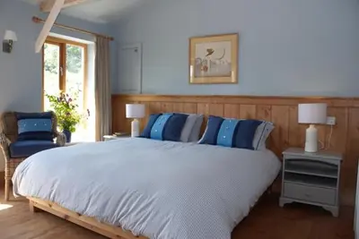 a bedroom with a large bed with blue pillows at Alder Barn in Clun