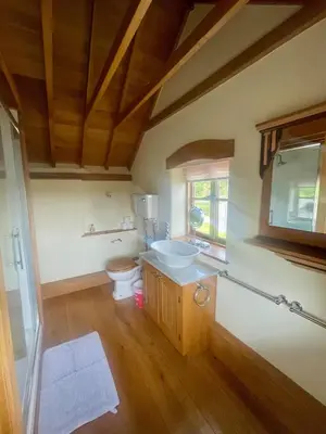 a bathroom with a sink and a toilet at Cosy Cottage with Log Fire Near Hay-on-Wye in Almeley