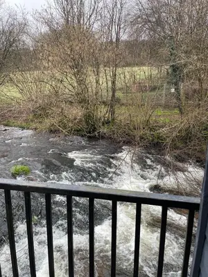 a view of a river from a balcony at Cosy River Cottage in Brecon with a Fireplace in Merthyr Cynog