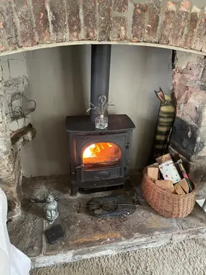 a wood stove in a brick fireplace with a basket at Cosy River Cottage in Brecon with a Fireplace in Merthyr Cynog