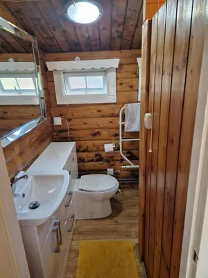 a bathroom with a toilet and a sink and a mirror at Cabin Retreat in Trawsfynydd