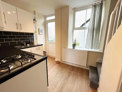 a kitchen with a stove and a counter top at Arenig Cottage, a Snowdonia retreat near Lake Bala in Bala