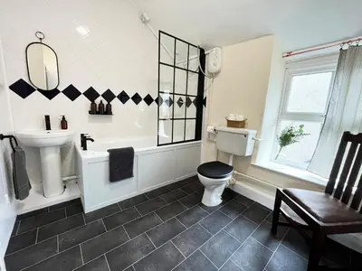 a bathroom with a toilet and a sink at Arenig Cottage, a Snowdonia retreat near Lake Bala in Bala