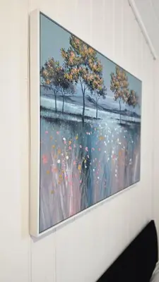 a painting of trees and flowers on a wall at Welsh Coast Seaview 2 Bedroom Wooden Lodge at Clarach Bay in Aberystwyth