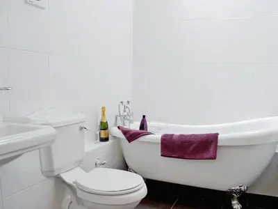 a white bathroom with a toilet and a bath tub at Awel Y Mynydd - Mountain Breeze in Strata Florida