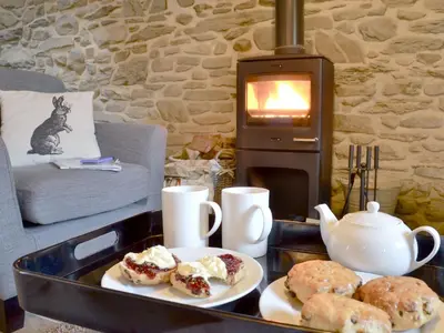 a tray with food on a table in a living room at Ivy Bush Cottage in Llanddewi-Brefi