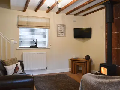 a living room with a couch and a television and a window at Red Lion Lodge in Myddle