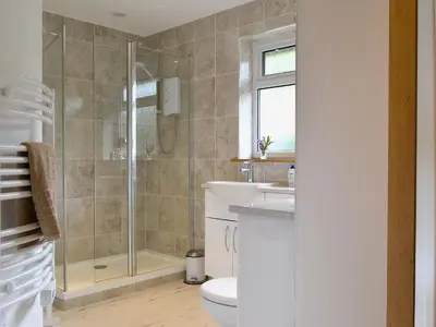a bathroom with a shower and a toilet and a sink at The Lodge in Presteigne