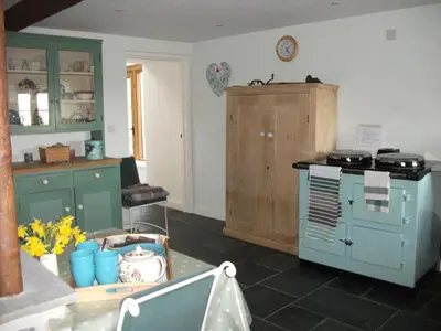 a kitchen with green cabinets and a blue stove at Swallow Barn in Llanwrtyd Wells