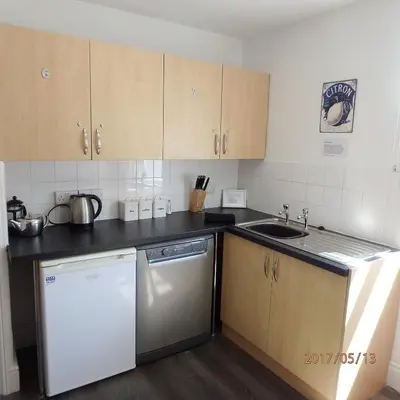 a kitchen with wooden cabinets and a white dishwasher at Saint Cadfans Lodge in Tywyn