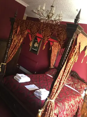 a bedroom with a bed with a canopy at The Red Lion in Llangadog