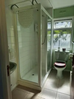 a bathroom with a toilet and a glass shower at Cerdyn Villa in Llanwrtyd Wells