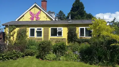 a yellow house with a pink butterfly on the roof at Cerdyn Villa in Llanwrtyd Wells