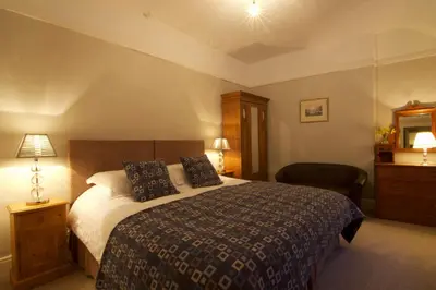 a bedroom with a bed and a dresser and a mirror at Dolffanog Fawr in Tal-y-llyn