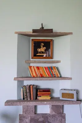 a shelf with books and a picture on a wall at Llangoed Hall in Bronllys