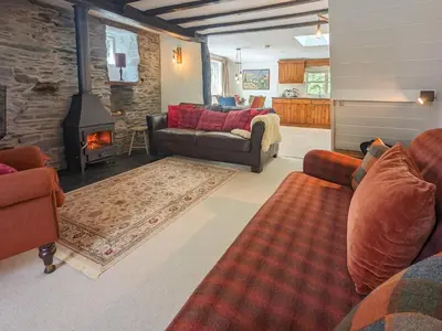 a living room with a couch and a fireplace at Ty'n Y Ffordd in Llanymawddwy
