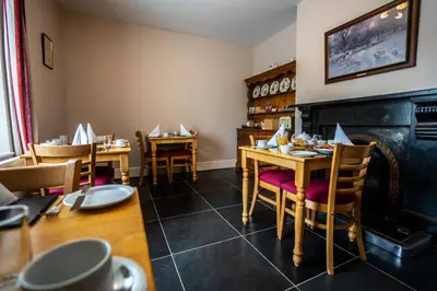 a dining room with tables and chairs and a fireplace at Bwch yn Uchaf B&B in Llanuwchllyn