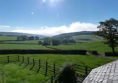 a view of a field with a fence and trees at Beudy Bach in Lampeter