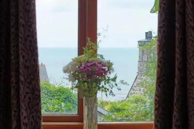 a vase filled with flowers sitting in a window at Beudy Taicroesion in Barmouth