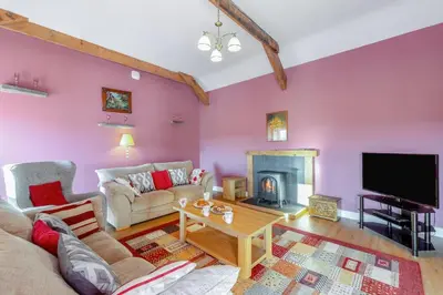 a living room with a couch and a fireplace at 3 Bed in Aberystwyth oc-76692 in Llanilar