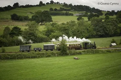 a steam train traveling down the tracks in a field at 1 Bed in Welshpool oc-75714 in Meifod