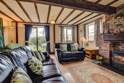 a living room with a leather couch and a fireplace at 2 Bed in Welshpool oc-75703 in Meifod