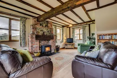 a living room with two leather couches and a fireplace at 2 Bed in Welshpool oc-75703 in Meifod