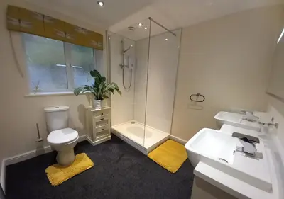 a bathroom with a shower and a toilet and a sink at Gerddi'r Coed in Dolgellau