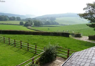 a view of a field with a fence and animals at Hen Ysgubor in Lampeter