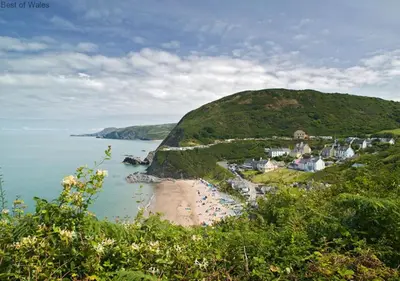 a view of a beach with a town on a hill at Ty Clyd in Cross Inn