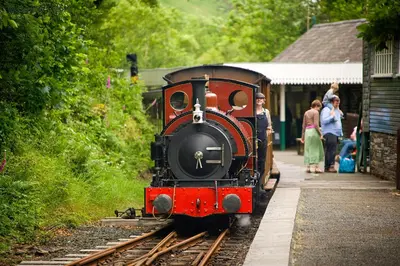 a red and black train pulling into a train station at Ysgubor y Waun in Tywyn
