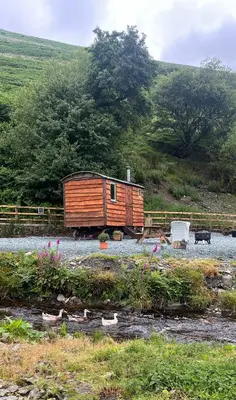 a wooden cabin sitting on the side of a road at Berwyn Shepherds Hut in Wrexham