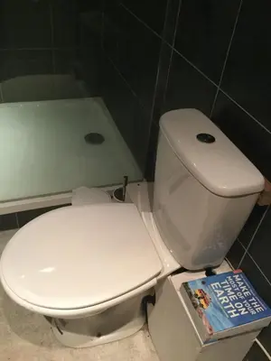 a toilet in a bathroom with a book next to it at Half Moon House in Hay-on-Wye