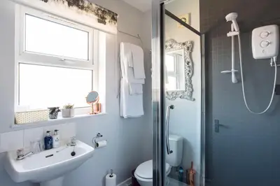 a bathroom with a toilet and a sink and a shower at Sea view Ar Lan y Mor LUXURY APARTMENT in Aberystwyth
