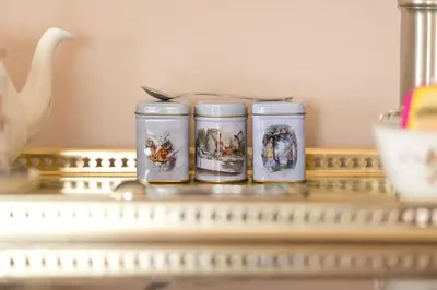 three canisters sitting on a shelf in a room at Burton Court in Dilwyn