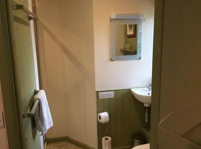 a bathroom with a sink and a toilet and a mirror at Ty Mawr at Bethania B&B Rooms and Crumble Cottage in Llanon