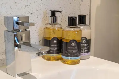 two bottles of oils sitting on a bathroom sink at Awel y Mor in Aberdyfi