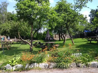 a park with picnic tables and flowers in the grass at Llanerch Inn in Llandrindod Wells